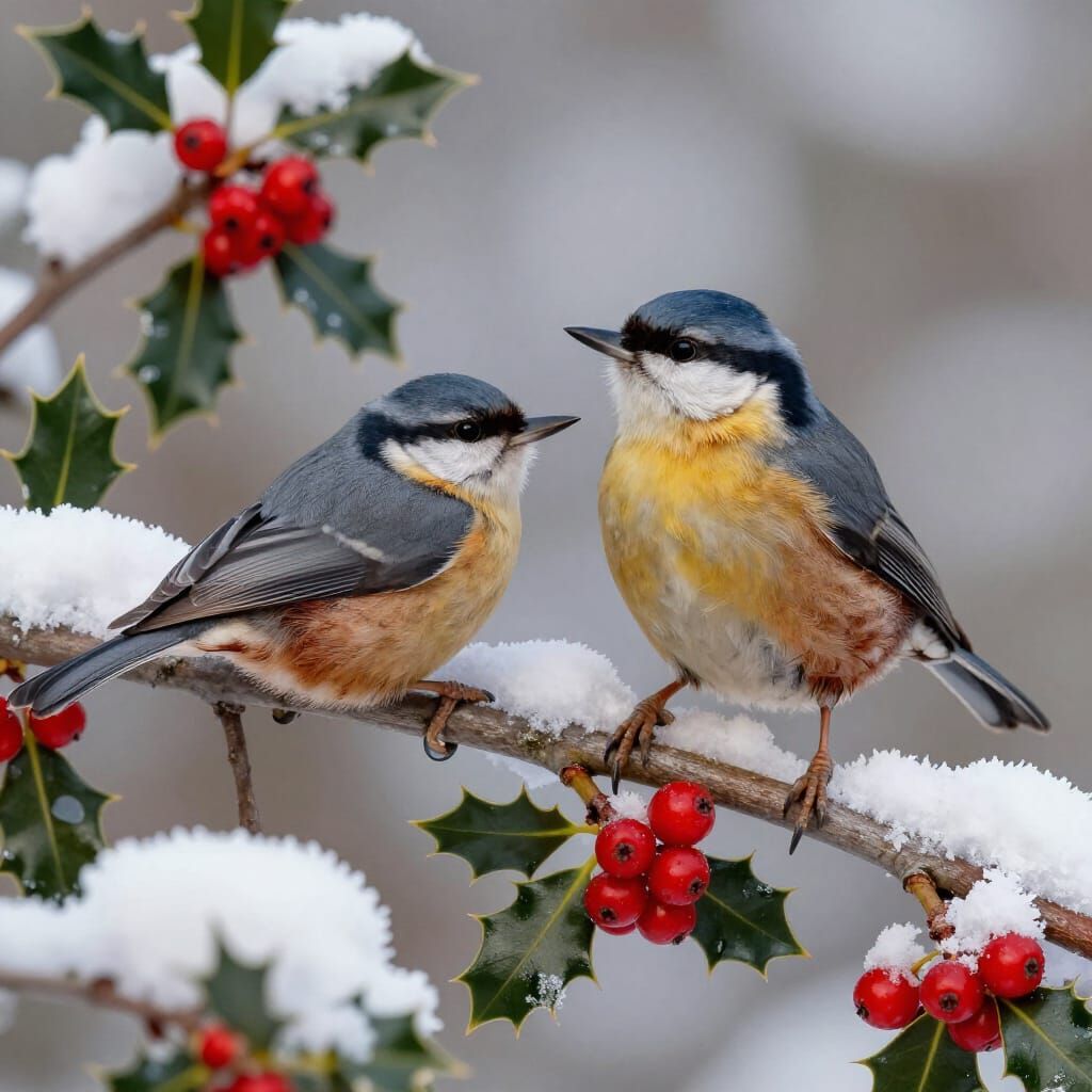 Nuthatches on Snowy Holly Bush in Painterly Style