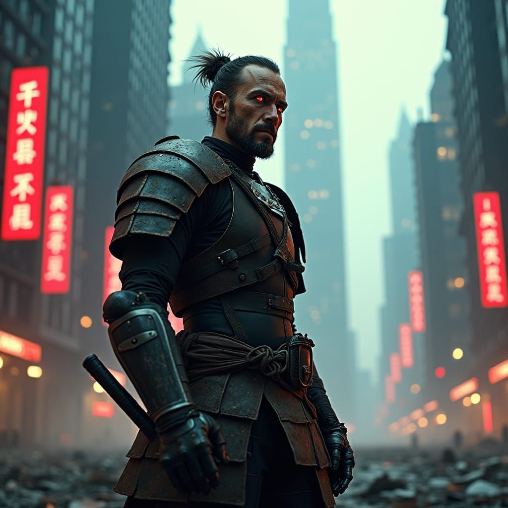 Cybernetic Samurai in Dystopian Metropolis