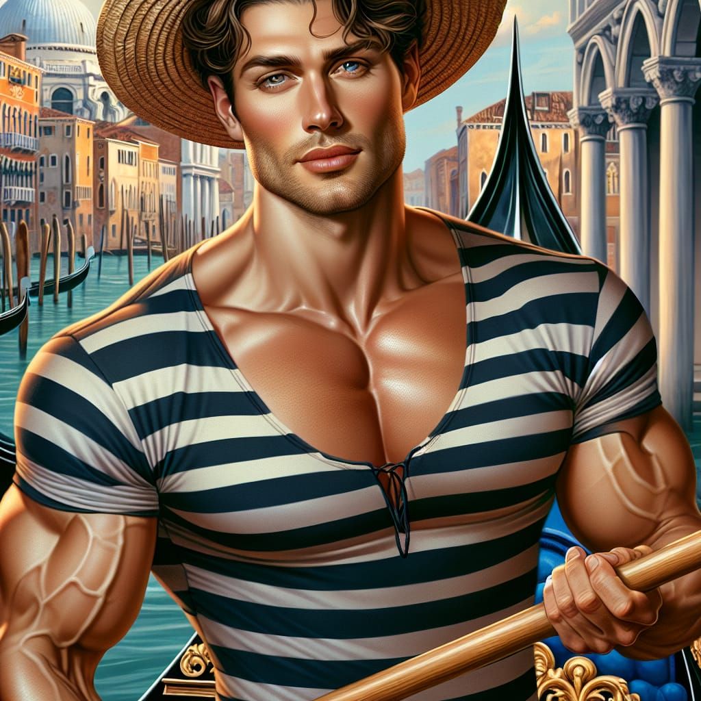 Portrait of a hot gorgeous fit gondolier in Bellini style, venetian school style, venetian school artwork