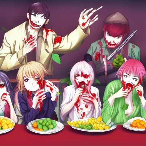 Zombies Devouring Fruits in Anime Style