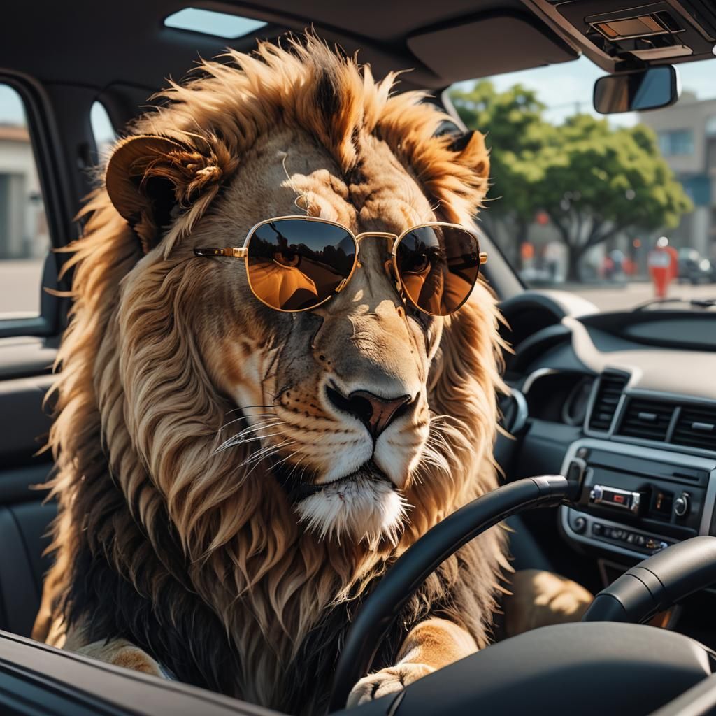 Lion Driving Car in Detailed 3D Anime Style