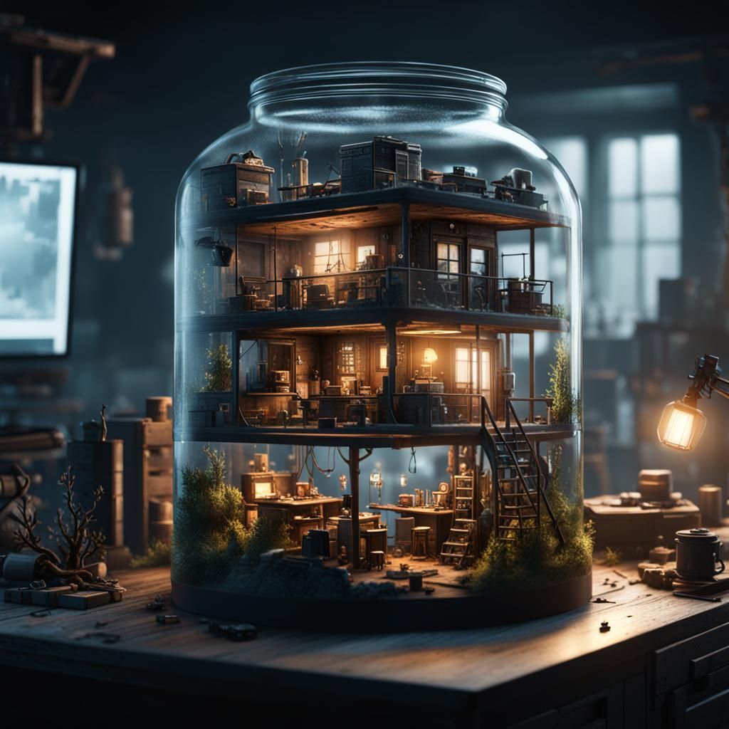 Apocalyptic Miniature Home with People in a Jar