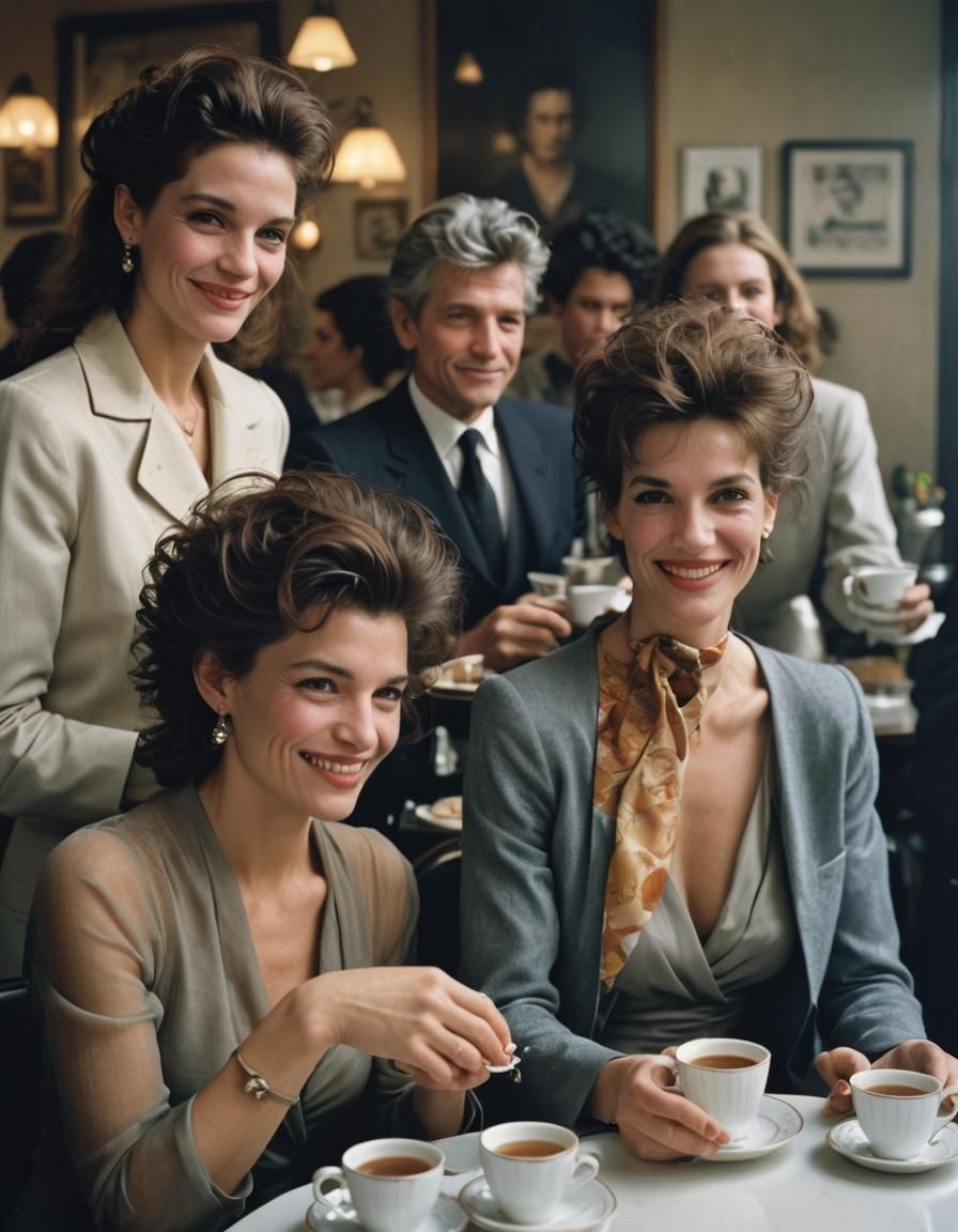 Couture Women in Cafe: Hyperrealistic Color Photo