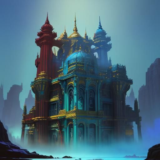 Ornate Fire Temple with Vibrant Tapestries