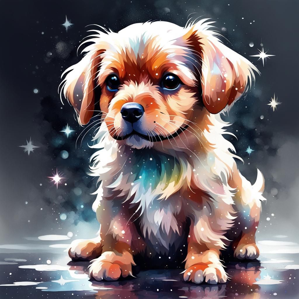 Watercolor Dog with Glitter and Stars