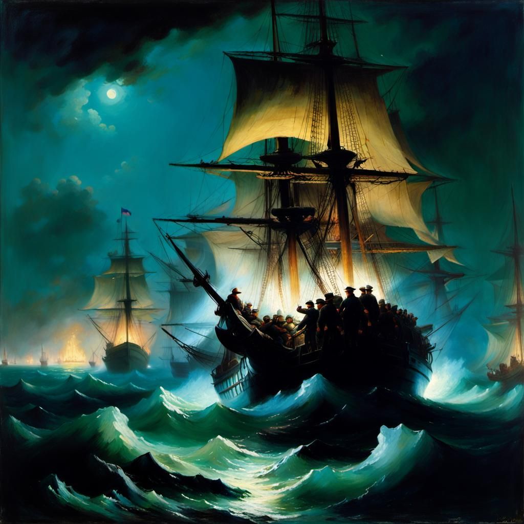 Cesme Naval Battle at Night: Hyperrealistic Maritime Art