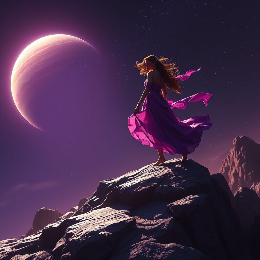 Surreal Goddess Walks Under Jupiter's Dark Skies