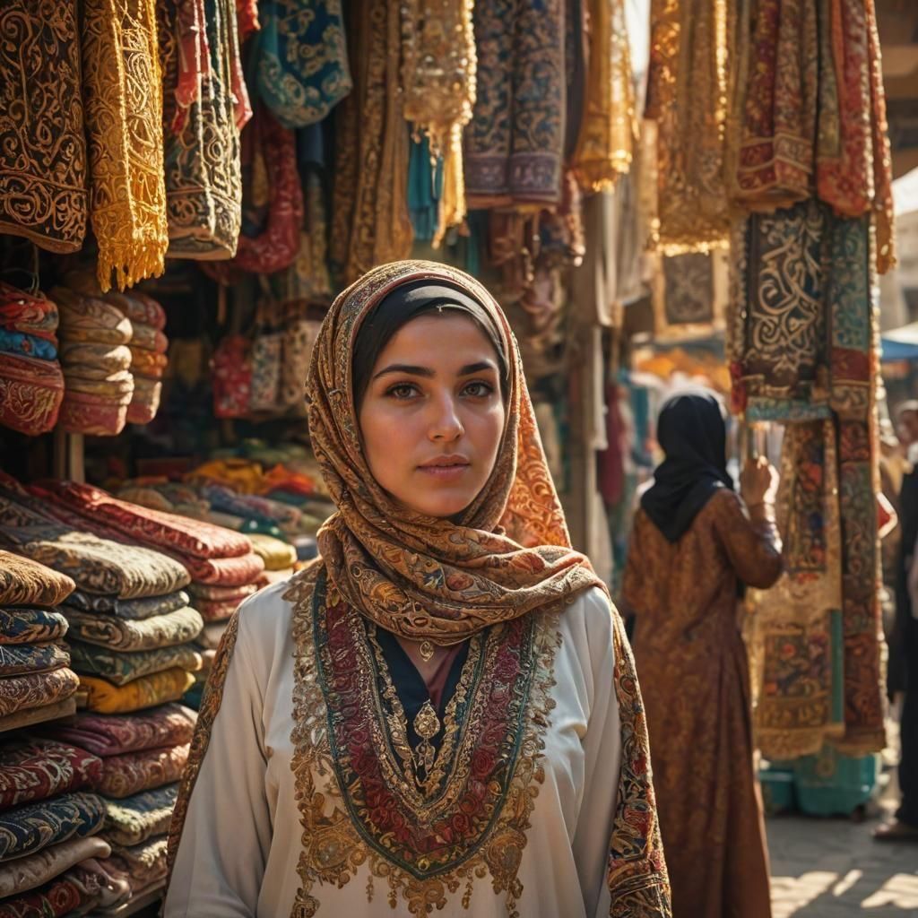 Beautiful Arabic Woman in a Bustling Market