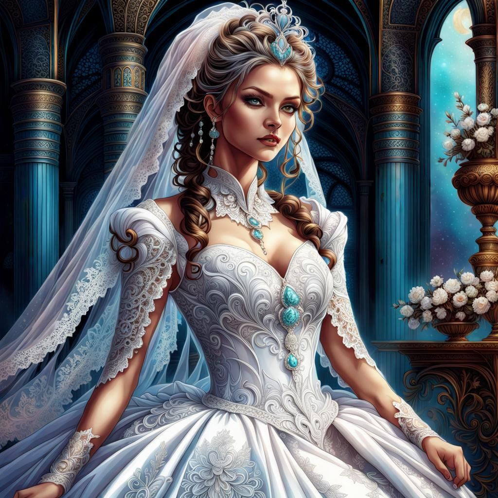 Bride in Ornate Lace Wedding Dress: Anime Style