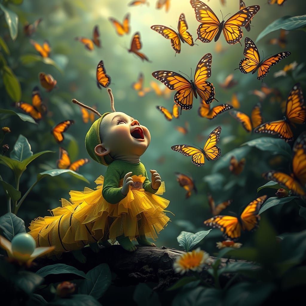 Excited Caterpillar Watching Butterflies in Hyperrealistic S...