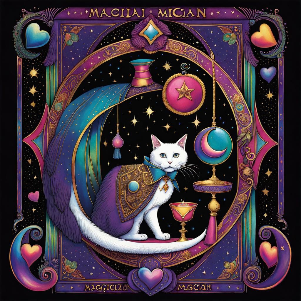 Magician The magician Tarot card the magician Stipple texture Tarot card the magician Tim Burton Cat Large crescent moon...