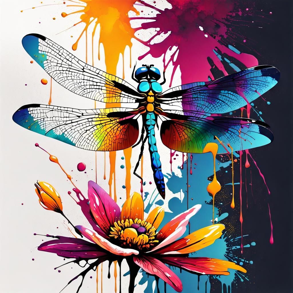 Dragonfly on Flower in Maximalist Speedpaint Style