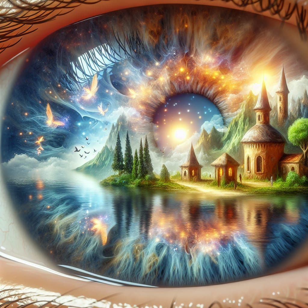 Fairyland Double Exposure in an Eye, Watercolor Style