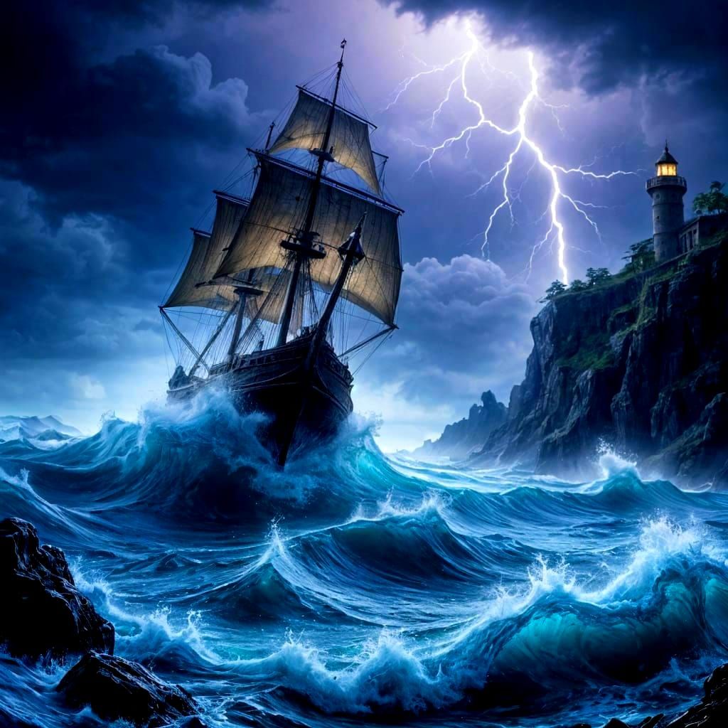 Spanish Galleon Tossed by Dark Stormy Waves in Epic Oil Pain...