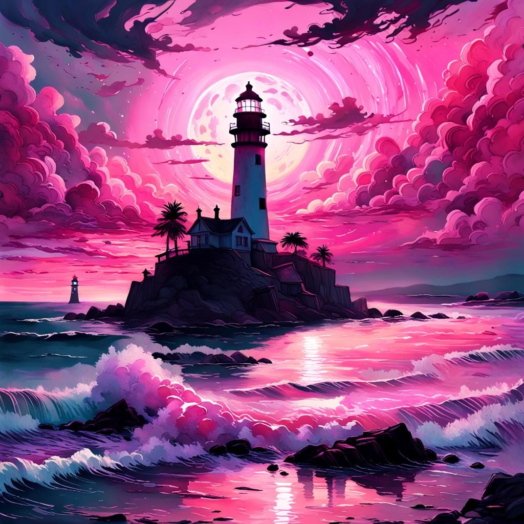Pink Sunset Lighthouse in Fantasy Watercolor Style