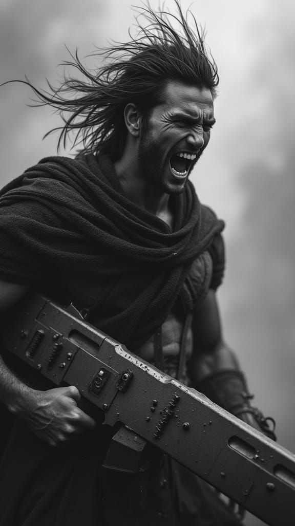 Monochrome Warrior's Explosive Energy in Cinematic Black and...