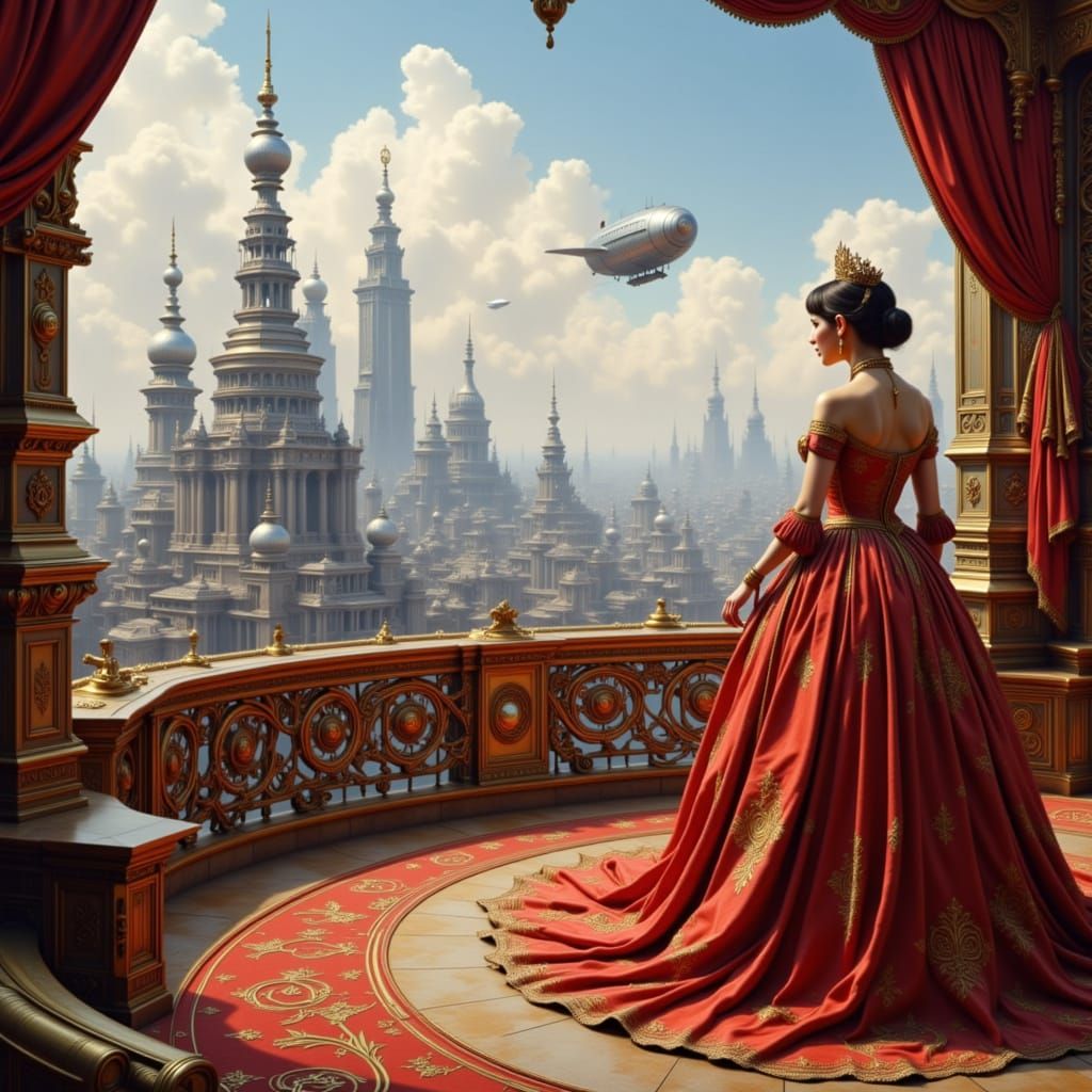 Regal Tsarína in Retro-Futuristic Cityscape