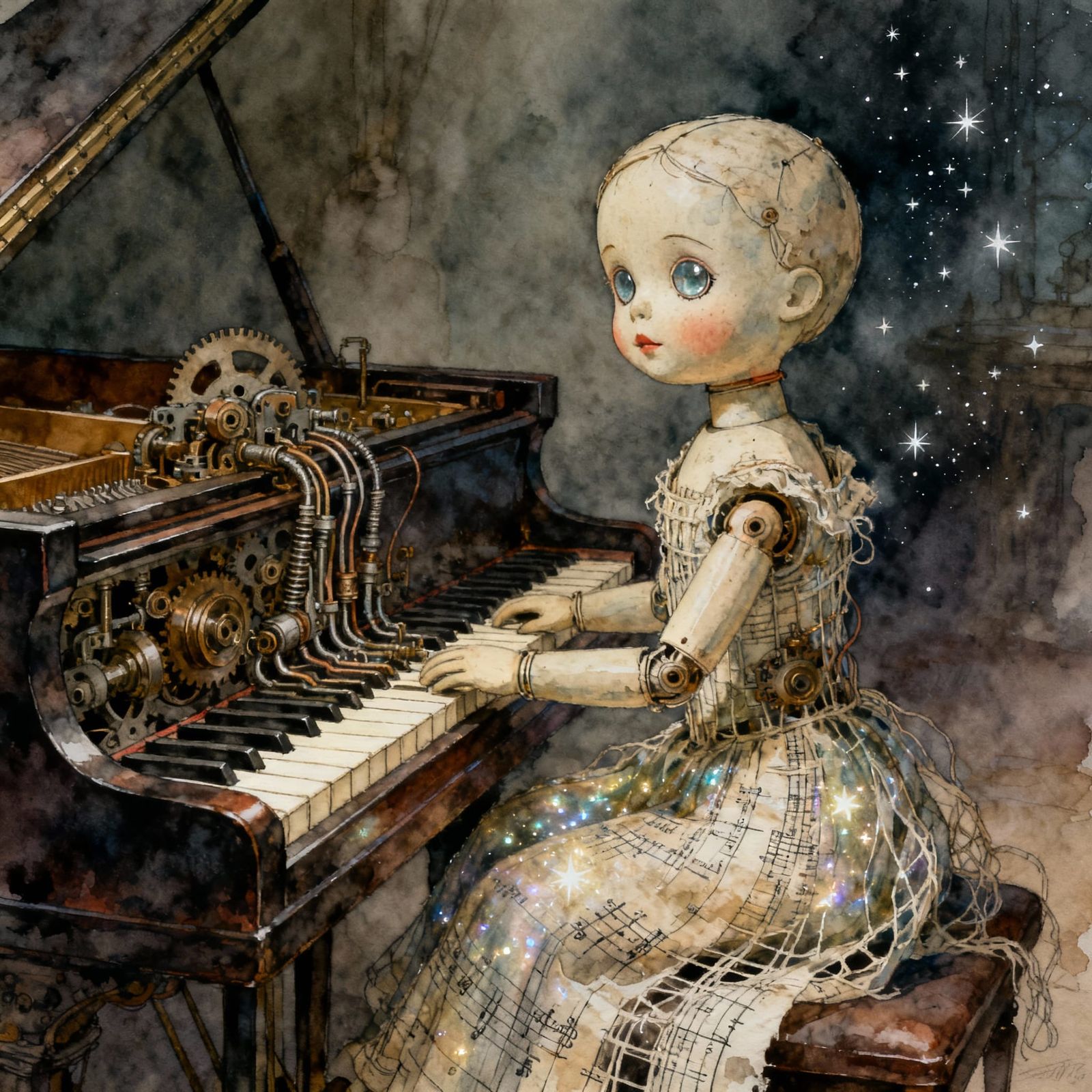 Antique Doll at Biomechanical Piano, Star-Woven Dress