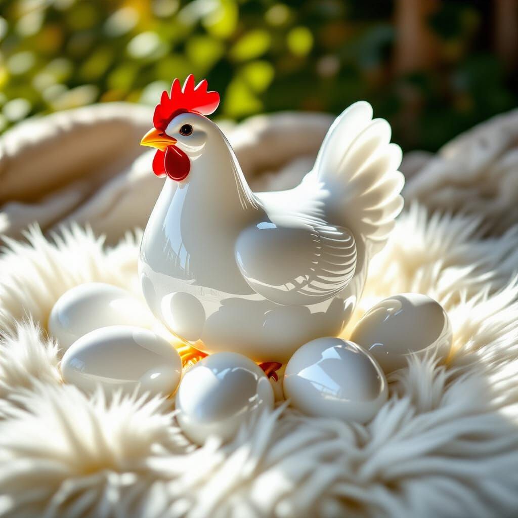 Transparent Blown Glass Chicken and Eggs in Intense Light