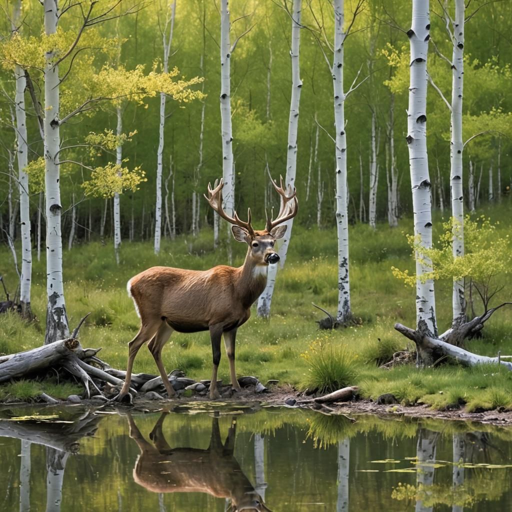 Deer at Pond Surrounded by Aspens