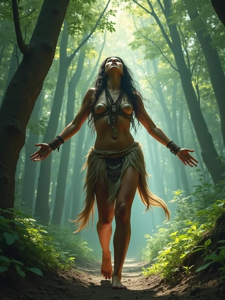 Prehistoric Woman Warrior in Emerald Forest
