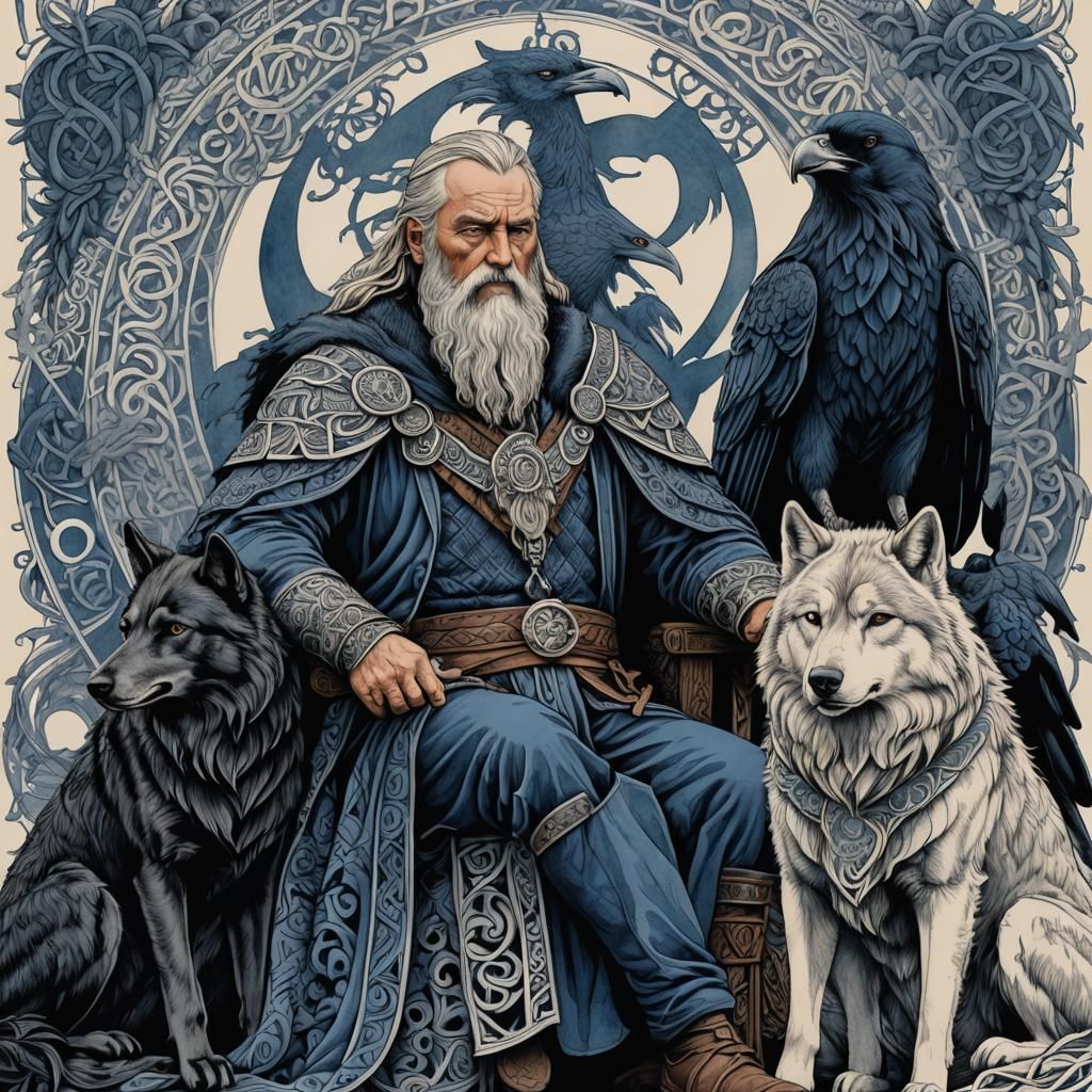 Odin with Ravens and Wolves in Intricate Ink Drawing