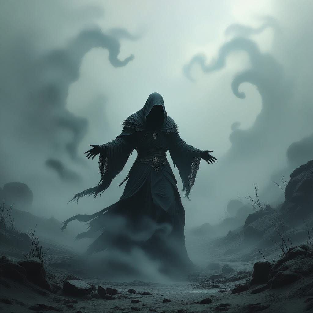 Mystical Figure Dancing in Surreal Biomechanical Landscape