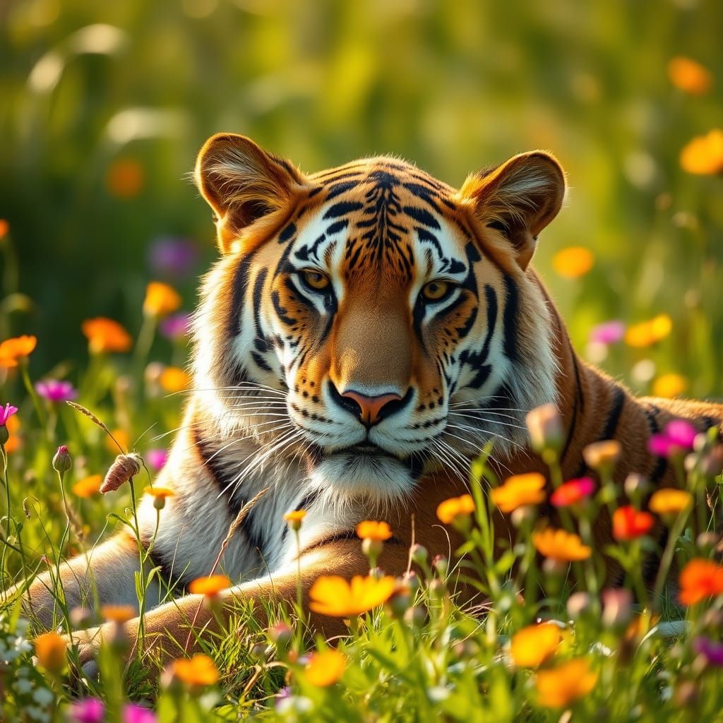 Majestic Tiger-Lion Hybrid in Lush Meadow