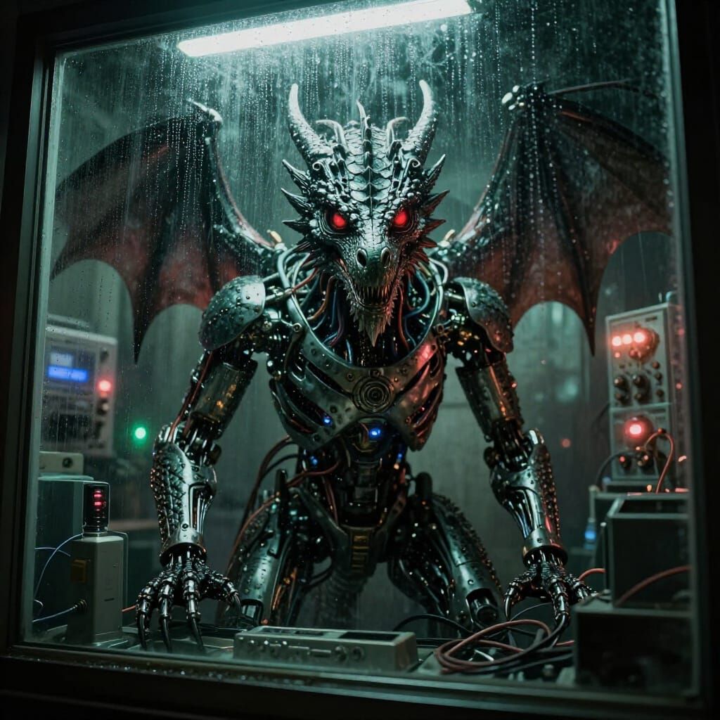 Cyborg Dragon in Grimy Lab, Cinematic Photography