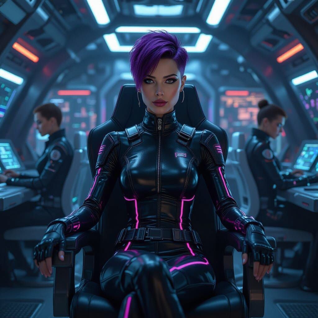 Cyberpunk Woman Commands Spaceship in Futuristic Style