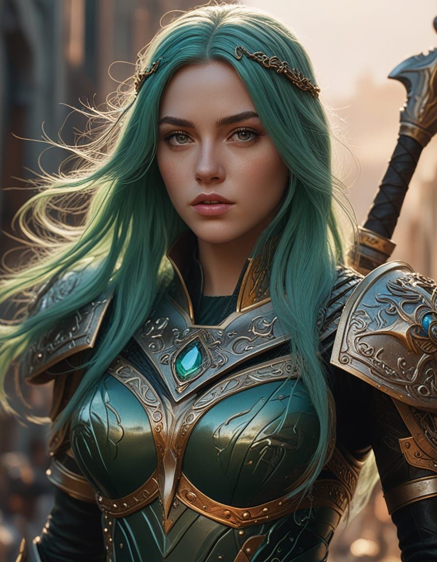Emerald Haired Warrior with Glowing Axe, Digital Art