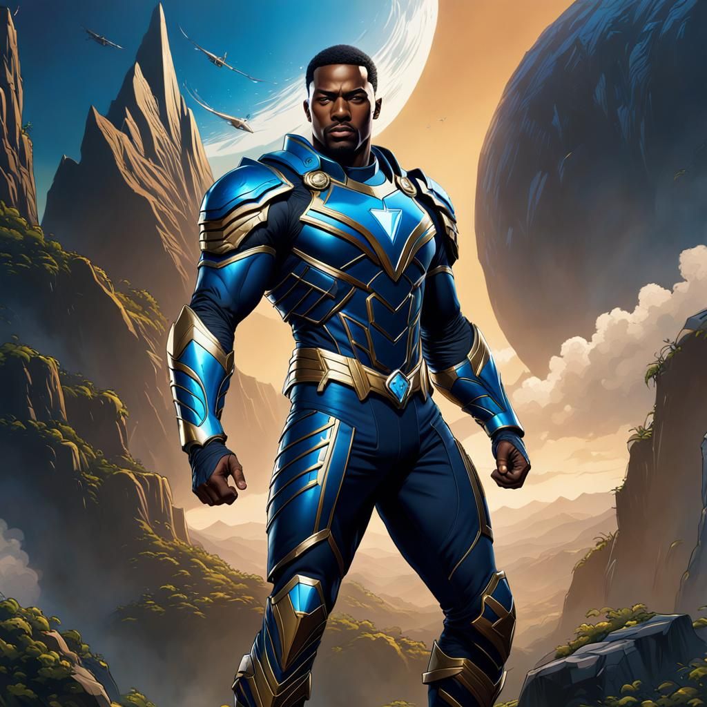 Black Superhero in Blue Armor: Matte Painting