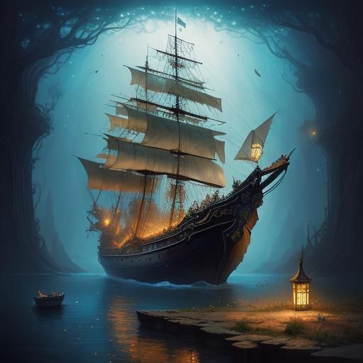 Fairytale Pirate Ship Sailing Through a Galaxy