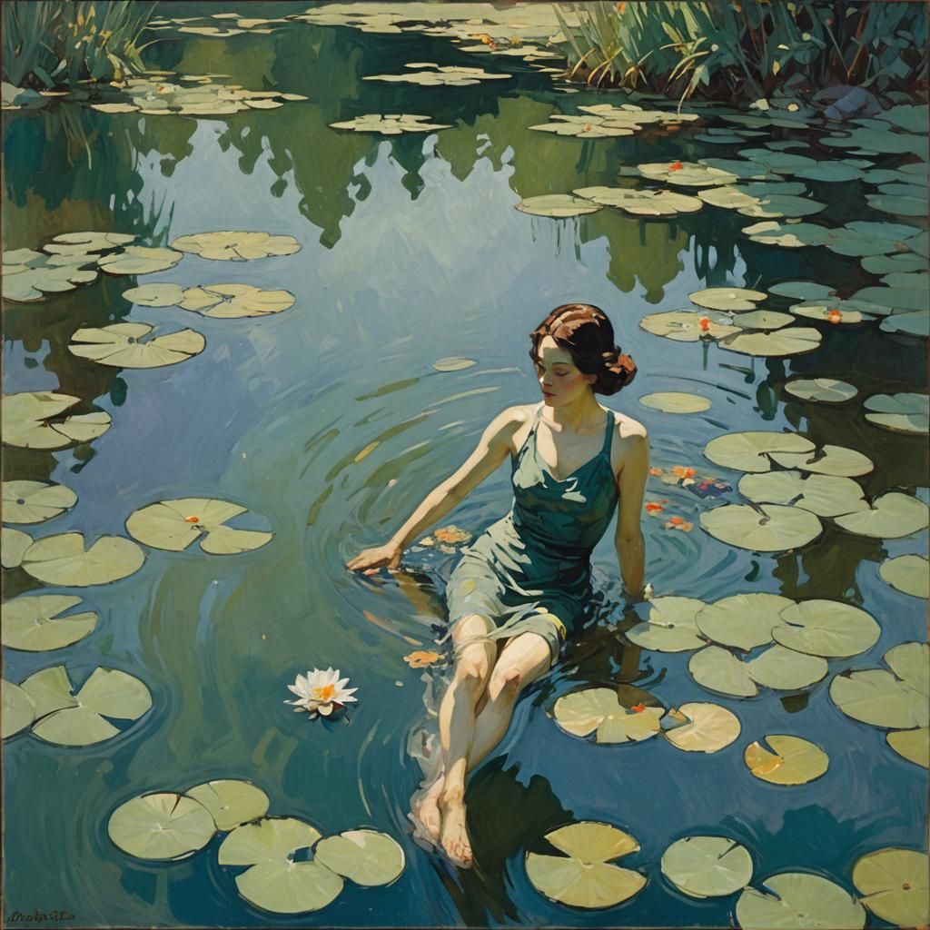 Woman Swimming in Pond: Abstract Art