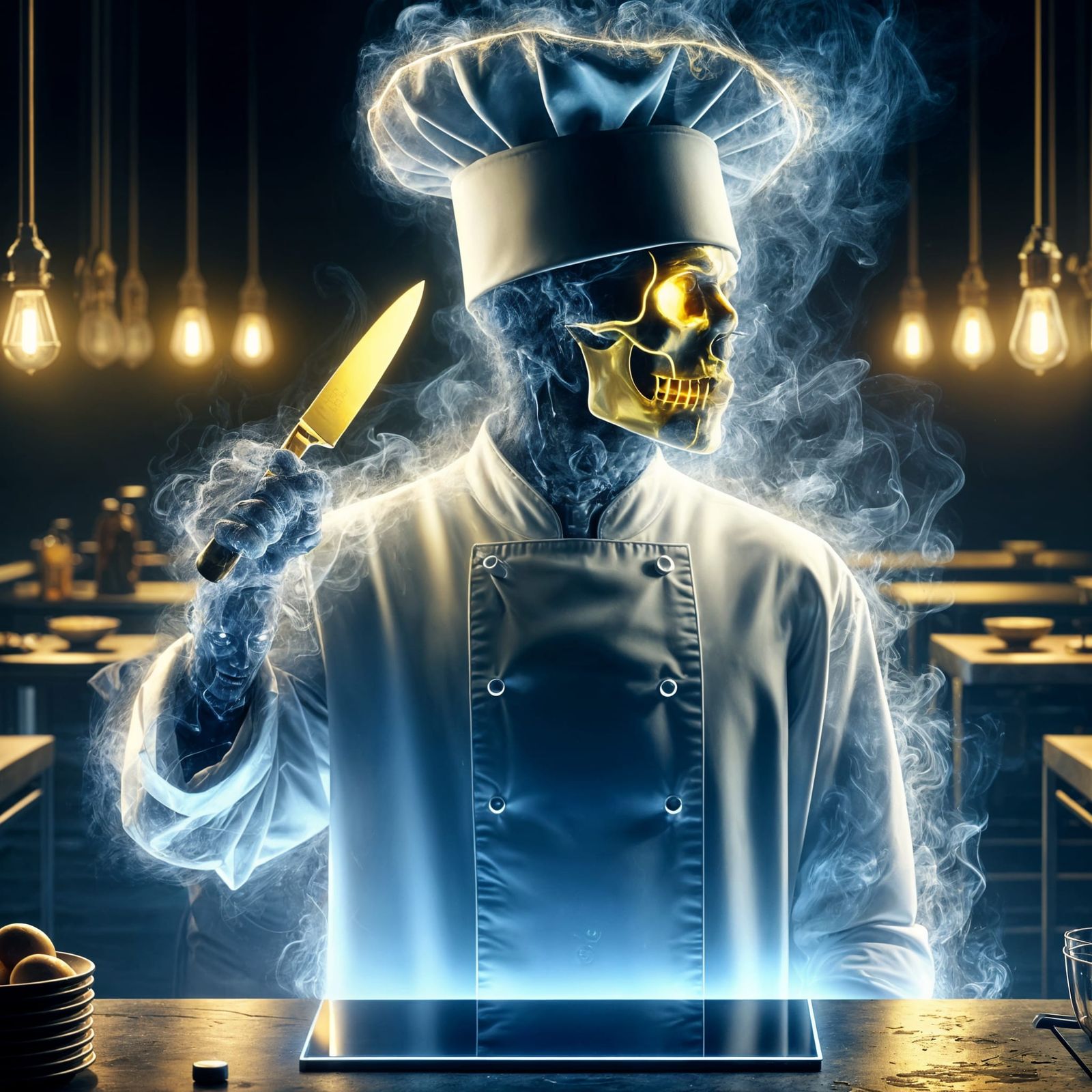Undead Chef in Blockchain Kitchen with Golden Knife