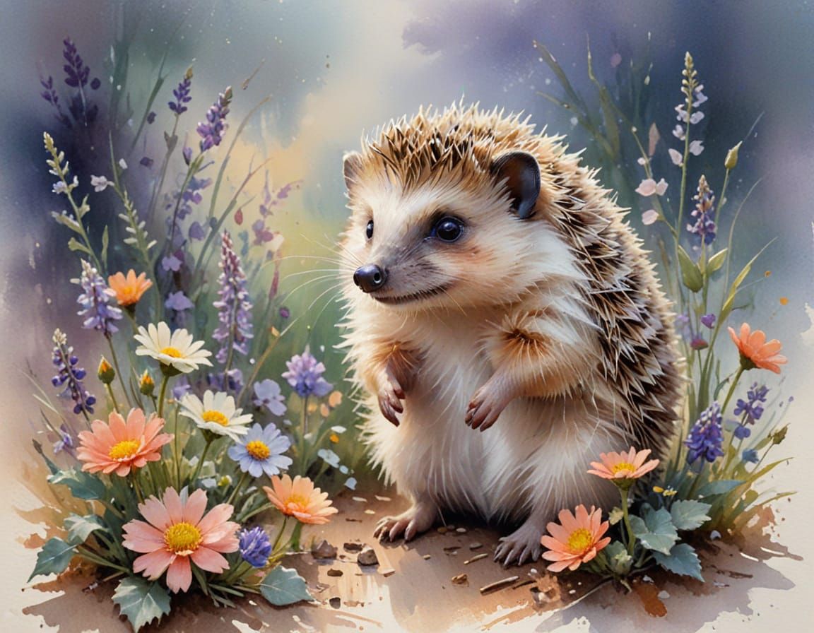 Pastel Hedgehog in Glove Watercolor Illustration