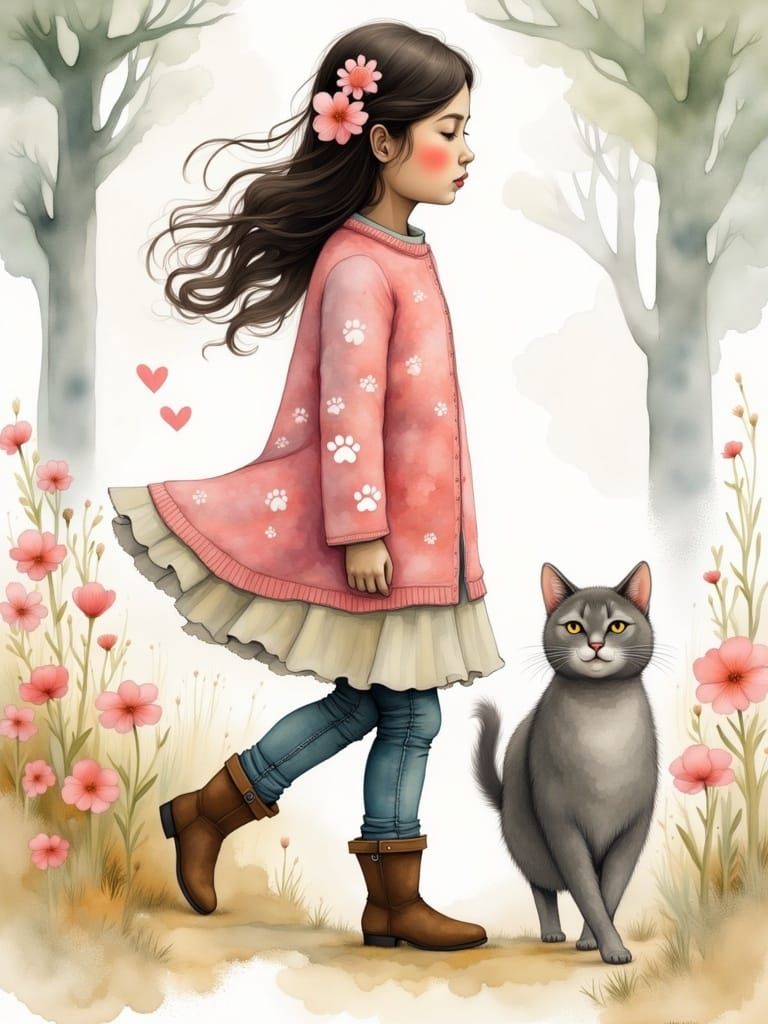 Young Girl Walking with Gray Cat in Dreamy, Watercolor-Inspi...
