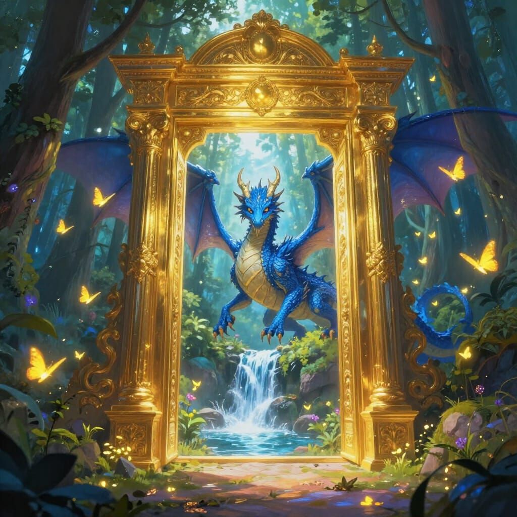 Blue Dragon Emerges from Golden Portal in Enchanted Forest