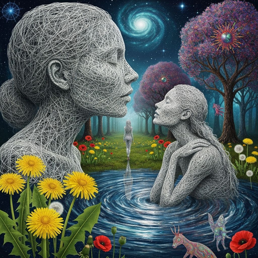 Ethereal Woman of Strings Kissing Blooming Garden