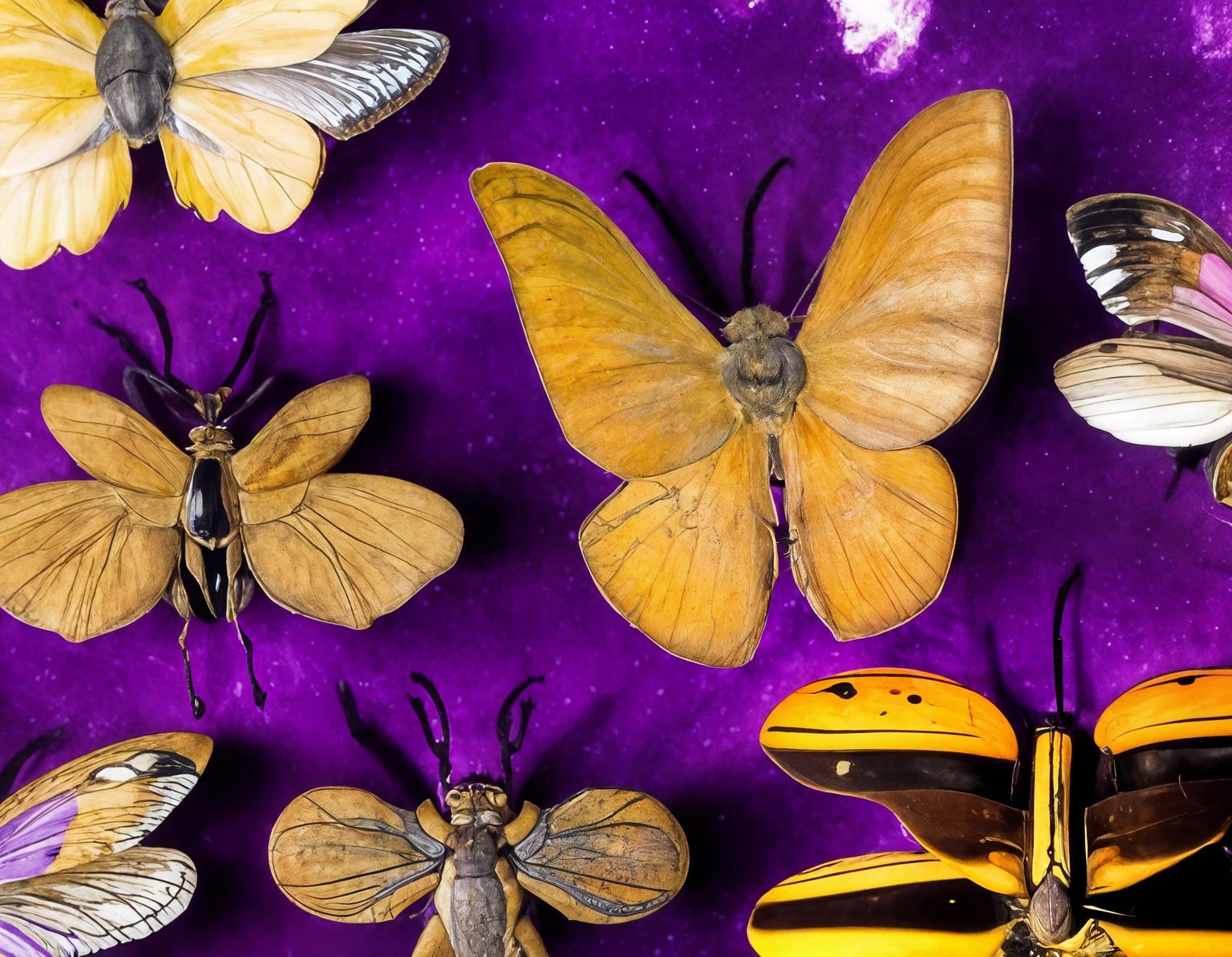 Bizarre Insects Pinned on Purple Velvet Display