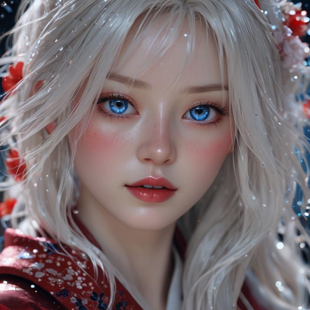 Elegant Anime Portrait with Red Kimono in Pastel Colors