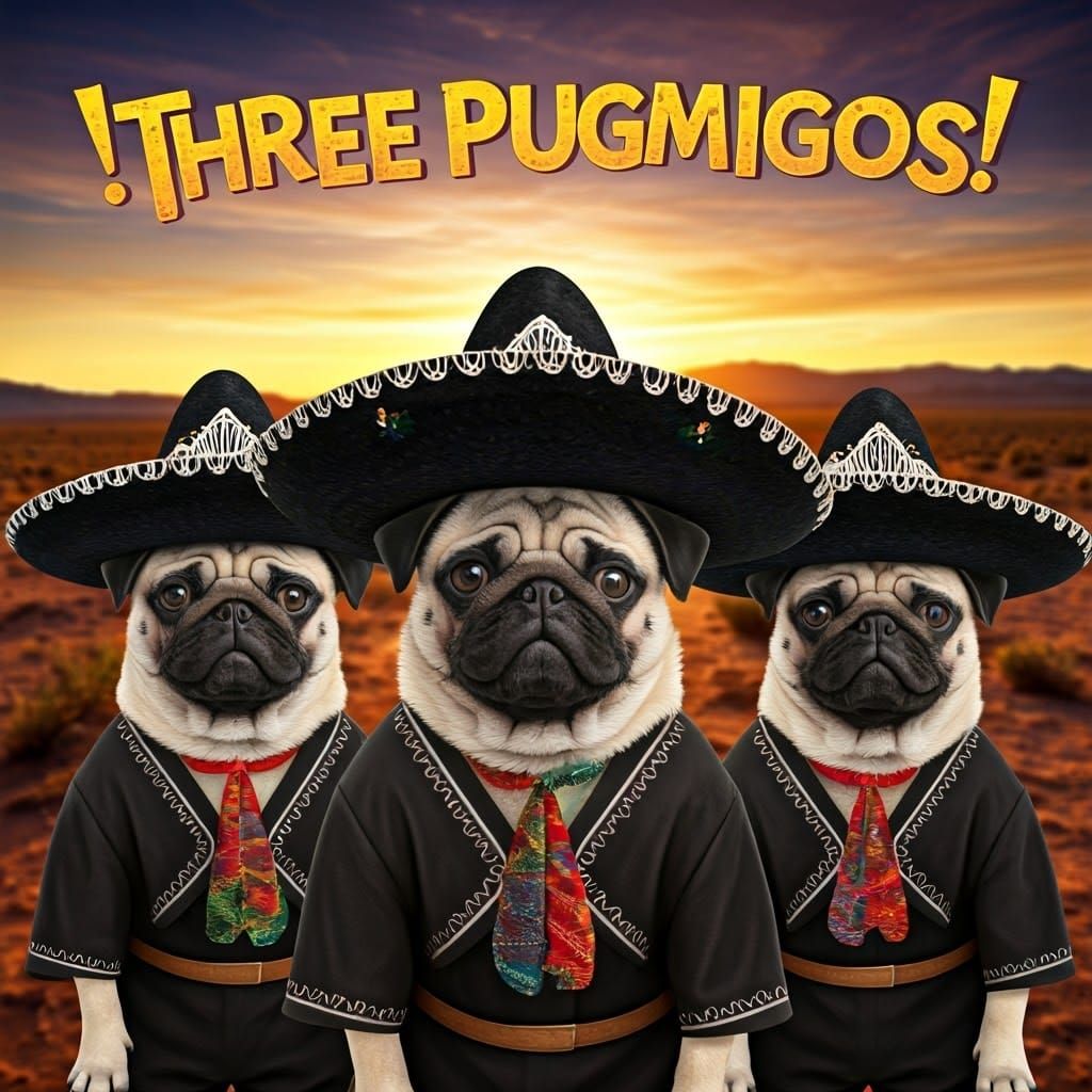 Three Pugs in Mexican Outfits at Sunset