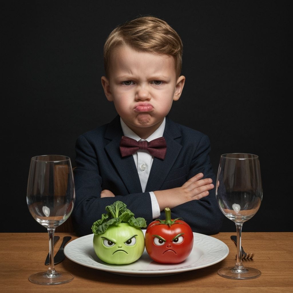 Grumpy Child at Dinner Table with Pouting Vegetables