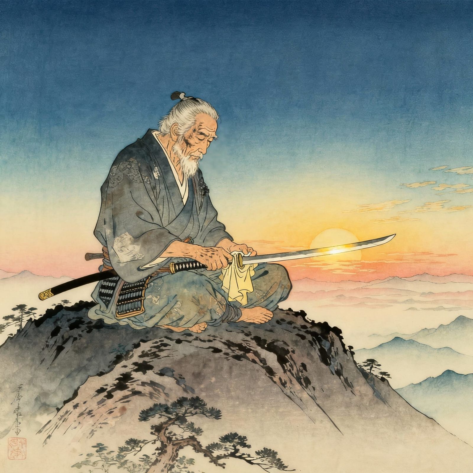 Aged Warrior Cleans Katana at Sunrise in Watercolor Style