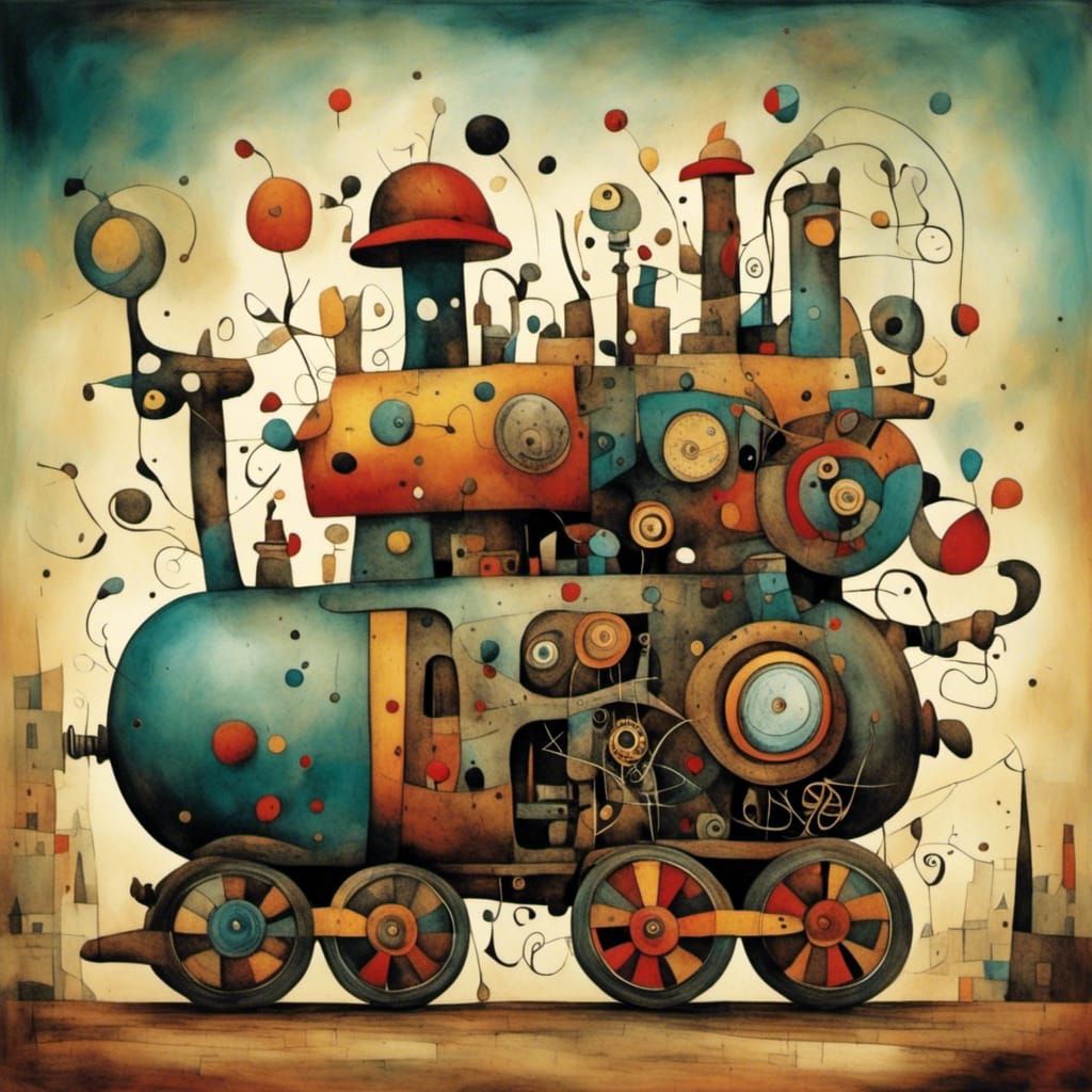 Steampunk Engine in Miró-Inspired Surrealism