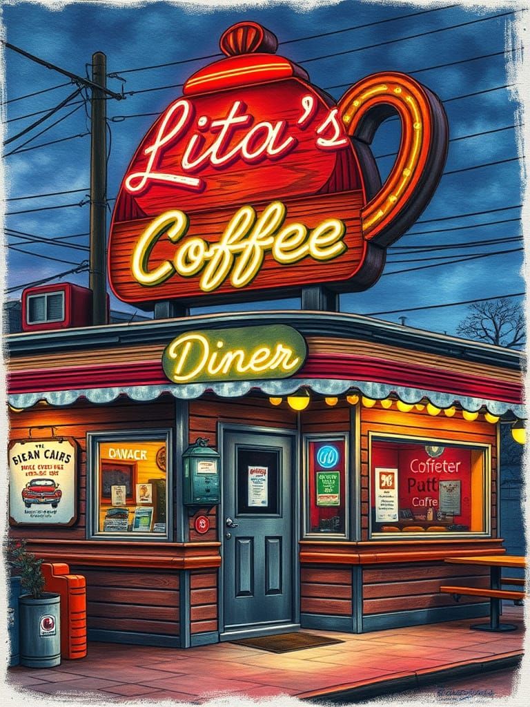 Quaint Diner with Neon Sign in Giger Style