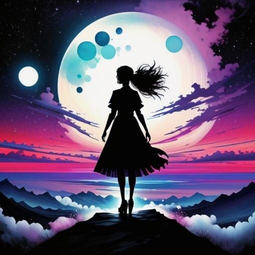 Ethereal Muted Watercolour Silhouette of a Woman at the Abys...