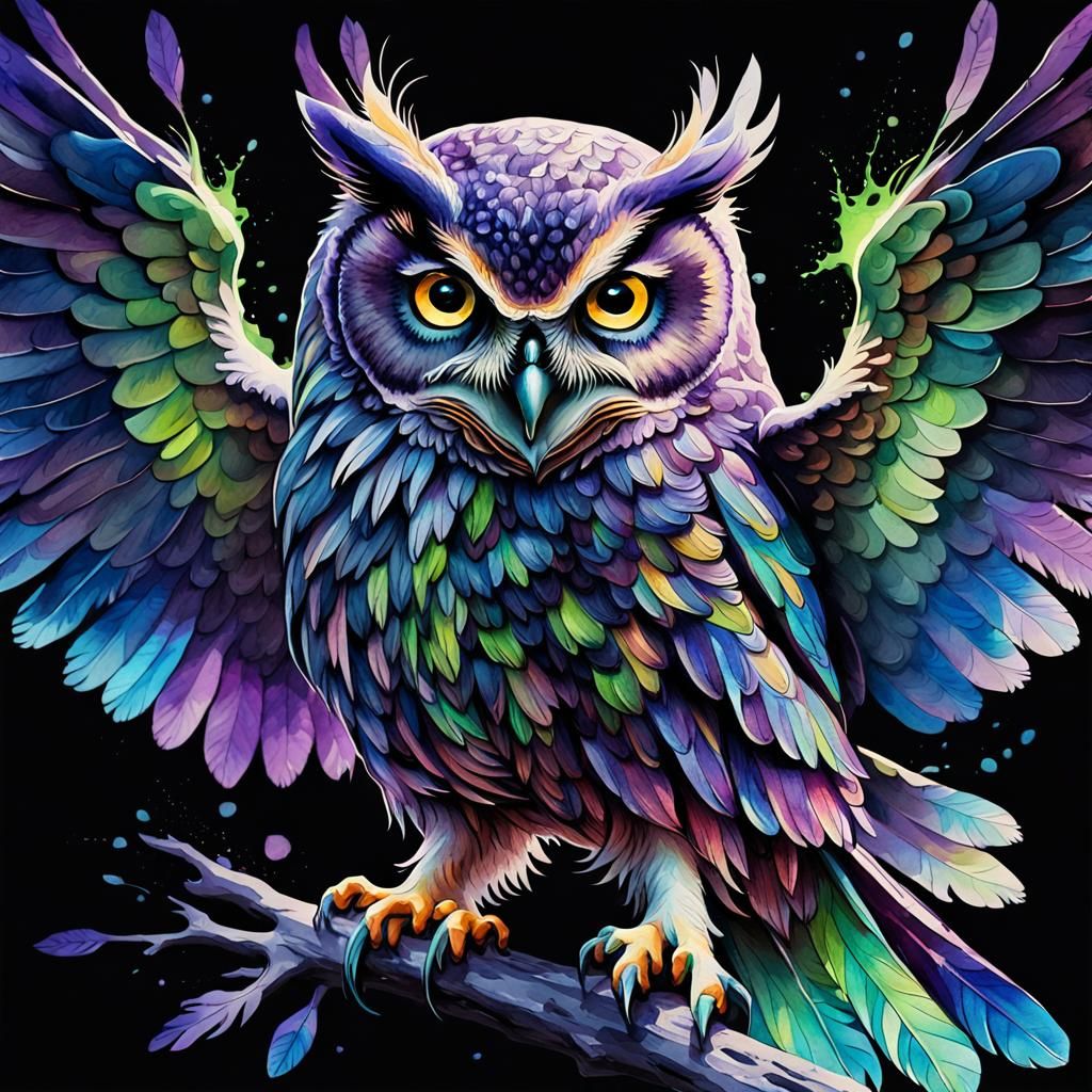 Watercolor Owl with Open Wings in Violet and Blue