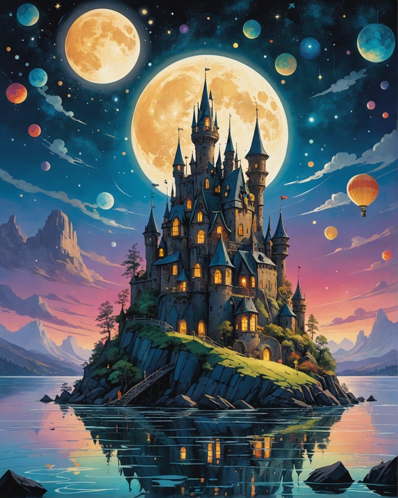 Whimsical Floating Fantasy Castle Island at Night