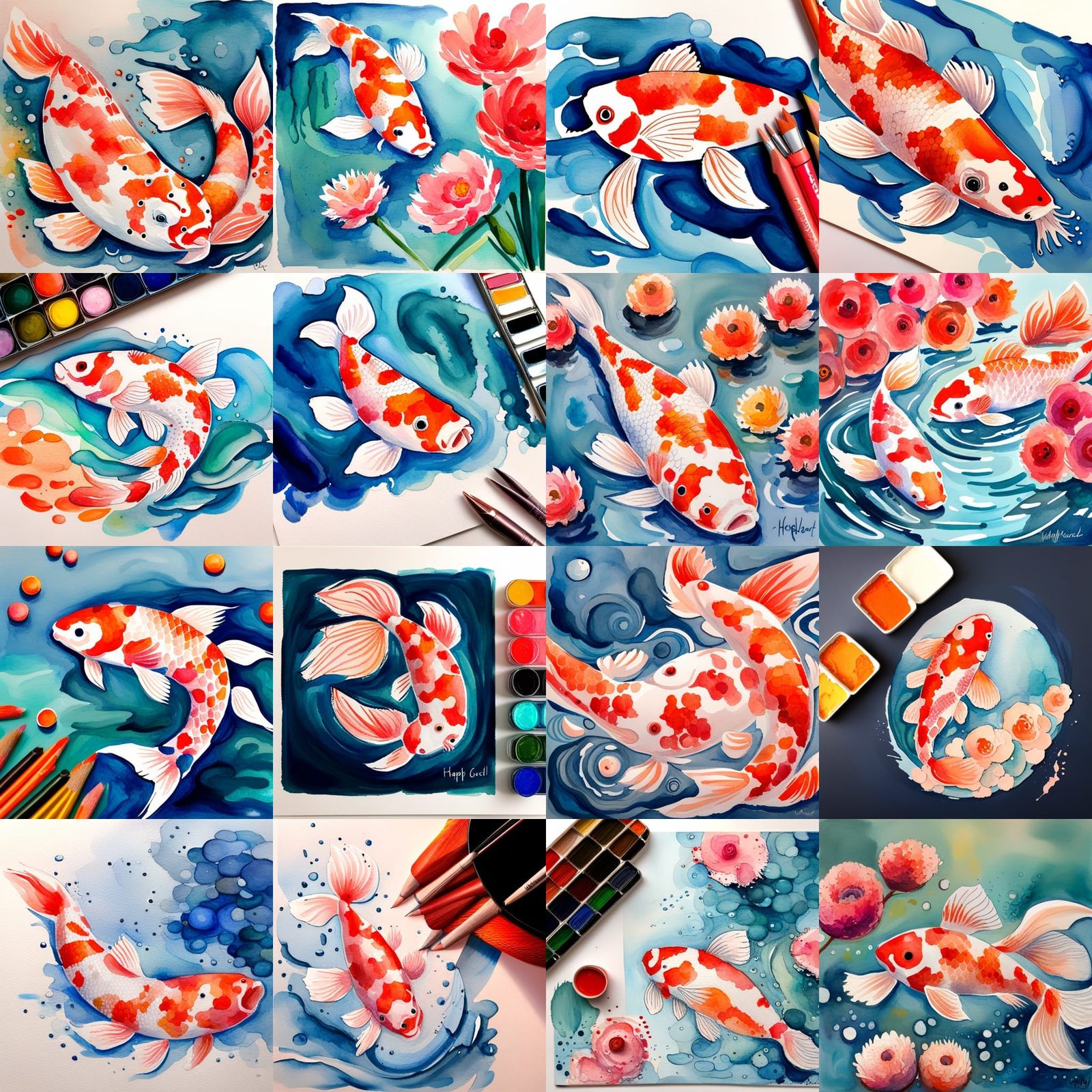 Cheerful Koi Fish in Watercolor Gouache Style